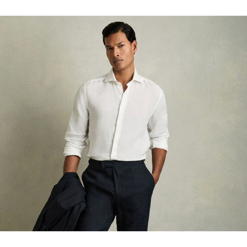 Reiss Ruban Linen Cutaway Collar Regular Fit Shirt in White Size M New